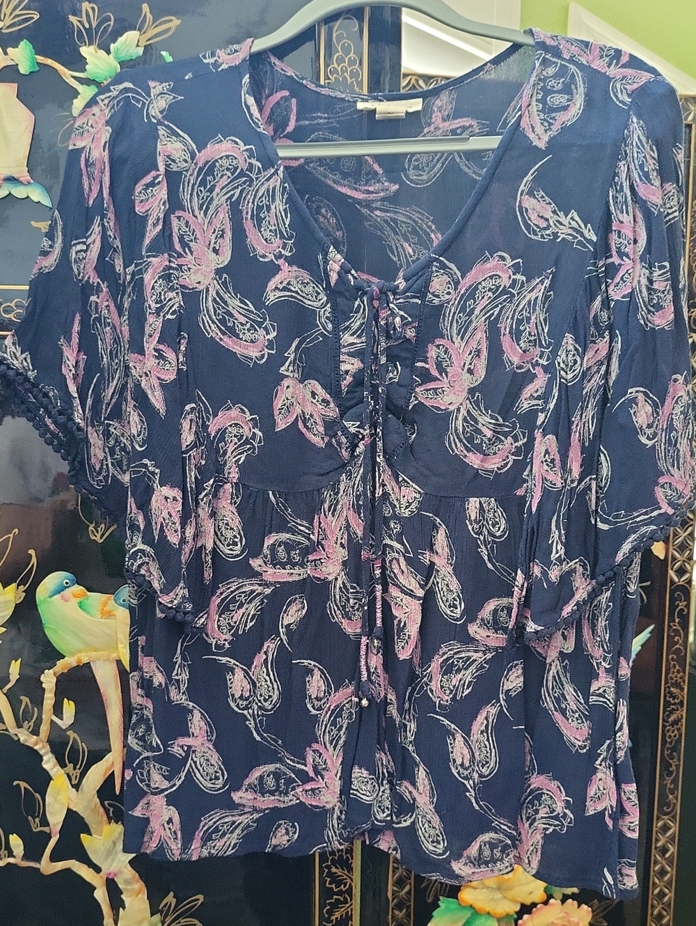 Style & Co. Navy Floral Tie-Front Blouse with Pink Accents